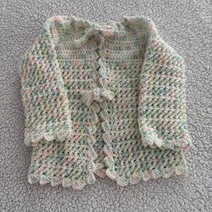 HAND KNIT Infant Cardigan. Pastel Colors. See Pics For Detail & Measurements.